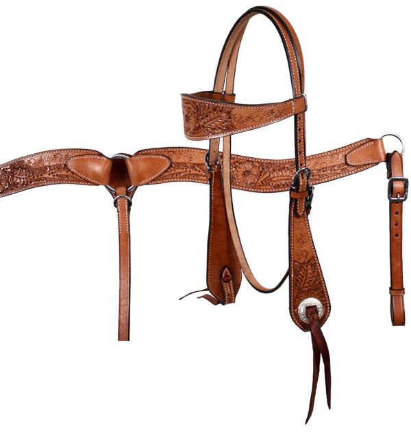 Showman Floral Tooled Double Stitched Leather Headstall & Breast Collar Set