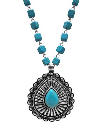 Western Concho Pendant Cube Beaded Necklace & Earrings Set