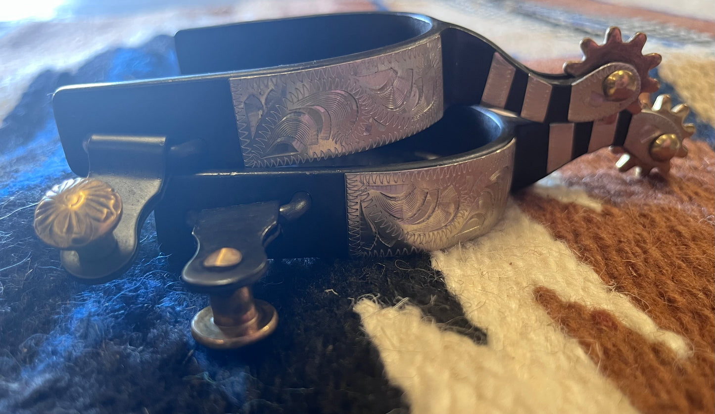 Adult's Black Steel Spur w/ Embossed Silver Overlay