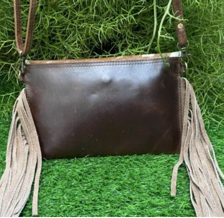 Klassy Cowgirl Dark Leather Crossbody Bag with Brown and White hair on cowhide