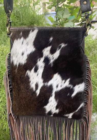 Klassy Cowgirl Leather Crossbody Bag with hair on cowhide and suede fringe