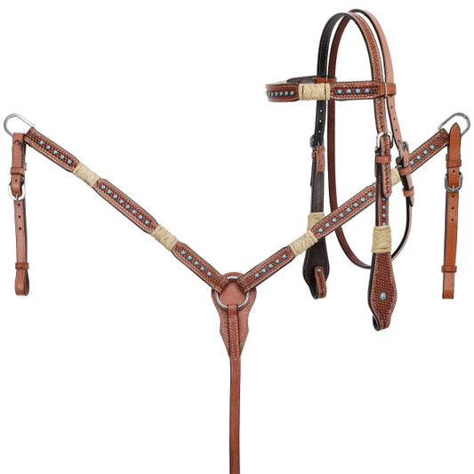 Showman Turquoise Studded Rawhide Braided Headstall & Breast Collar Set