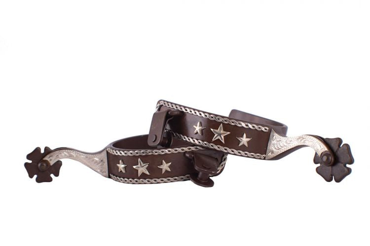 Men's Brown Steel Spur w/ Silver Rope Border & Engraved Overlay