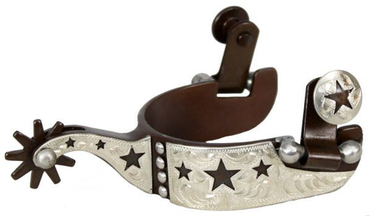 Youth's Antique Brown Steel Silver Show Spur w/ Star Cut-Outs & Dot Overlay