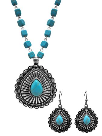 Western Concho Pendant Cube Beaded Necklace & Earrings Set