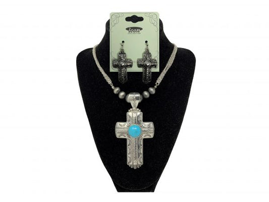 Turquoise Cross Earrings & Necklace Set