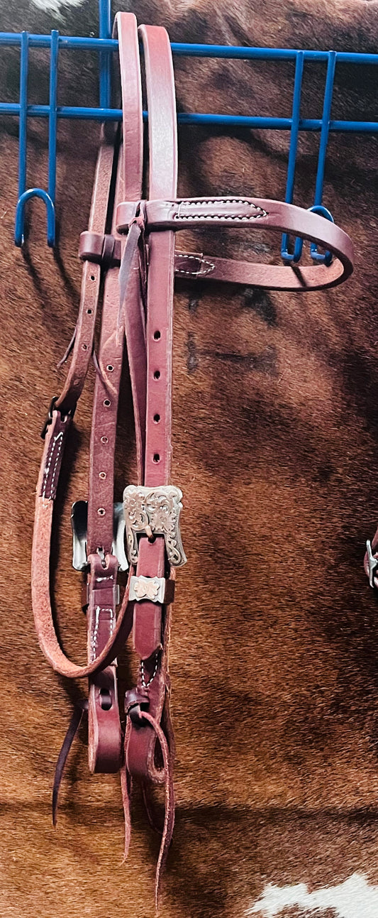 Harness Leather Browband Headstall w/ Embossed Buckles