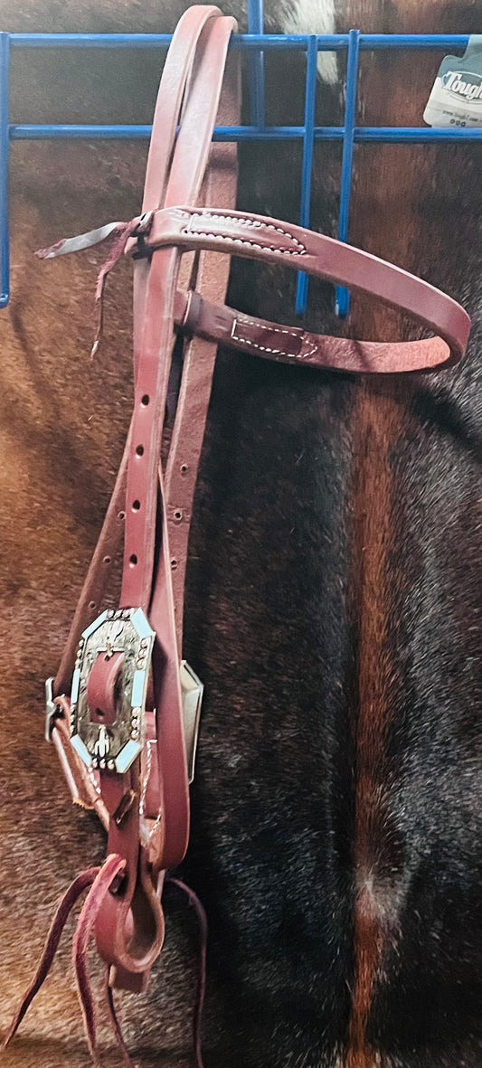 Harness Leather Browband Headstall w/ Turquoise & Cactus Buckles