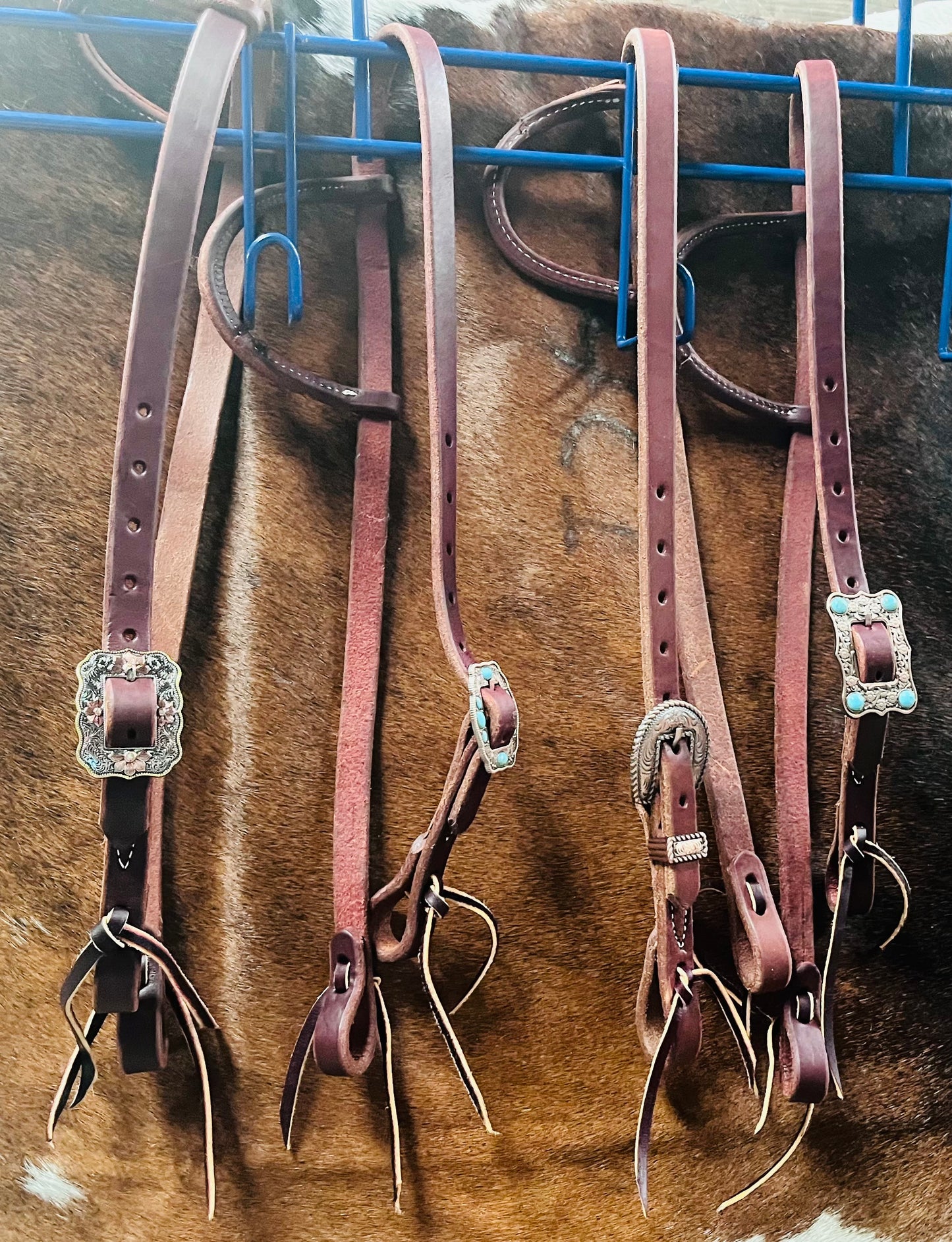 Harness Leather Rolled Slip Ear Headstall w/ Turquoise Buckle