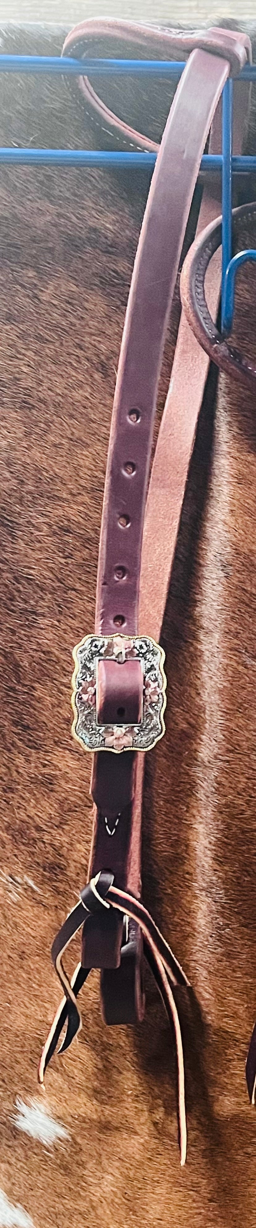 Harness Leather Rolled Slip Ear Headstall w/ Floral Buckle