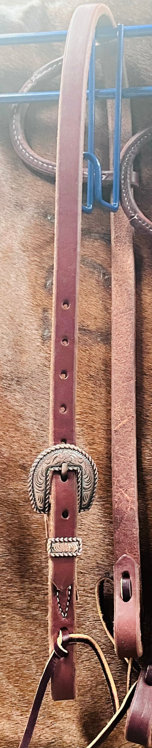 Harness Leather Rolled Slip Ear Headstall w/ Embossed Western Buckle