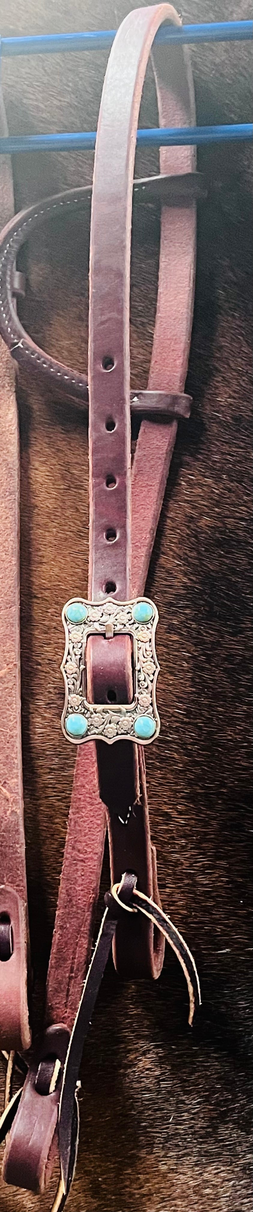 Harness Leather Rolled Slip Ear Headstall w/ Turquoise Square Buckle