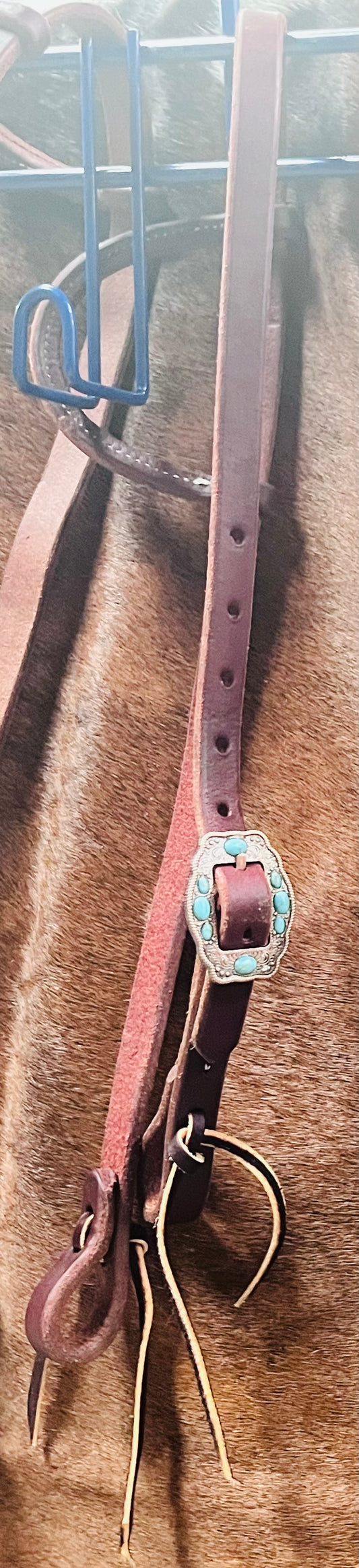 Harness Leather Rolled Slip Ear Headstall w/ Turquoise Buckle