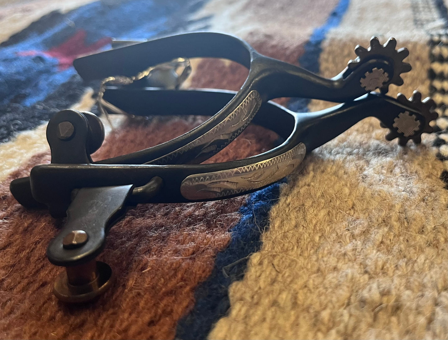 Adult's Black Steel Slim All-Around Roping Spur w/ Silver Engravements