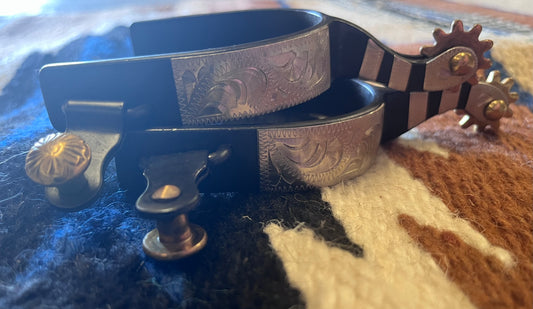 Adult's Black Steel Spur w/ Embossed Silver Overlay