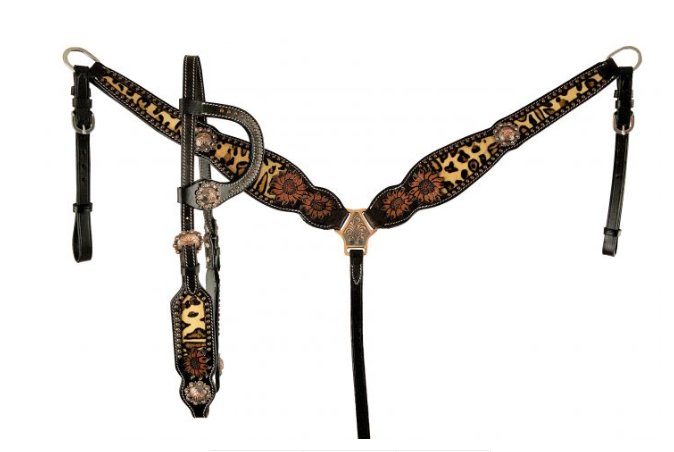 Showman Hair on Cheetah inlay One Ear headstall and breast collar set with barrel racer conchos
