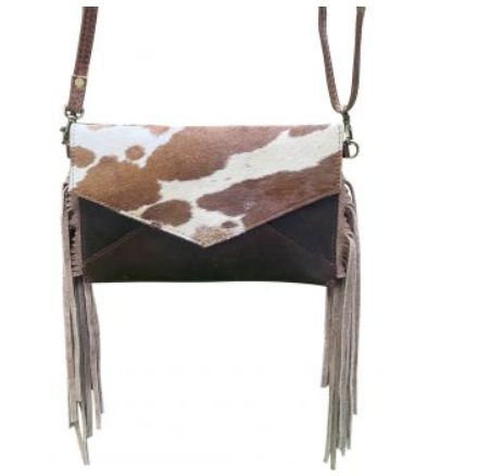 Klassy Cowgirl Dark Leather Crossbody Bag with Brown and White hair on cowhide