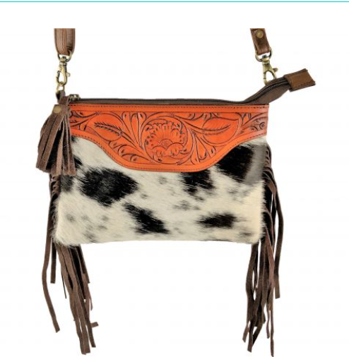 Klassy Cowgirl Black & White Leather Crossbody Bag with hair on cowhide and brown suede fringe