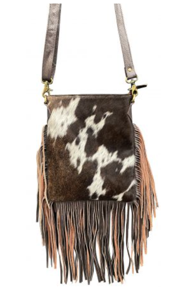 Klassy Cowgirl Leather Crossbody Bag with hair on cowhide and suede fringe