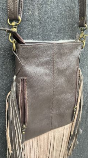 Klassy Cowgirl Leather Crossbody Bag with hair on cowhide and suede fringe