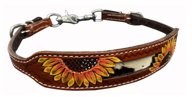 Showman Leather wither strap with painted sunflower and hair on cowhide inlay