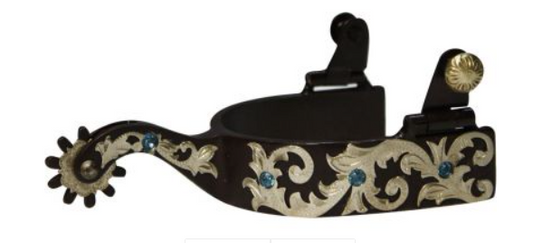 Showman brown steel spur with 1" band and 2.5" shank. Details are engraved silver scrolling and rhinestones
